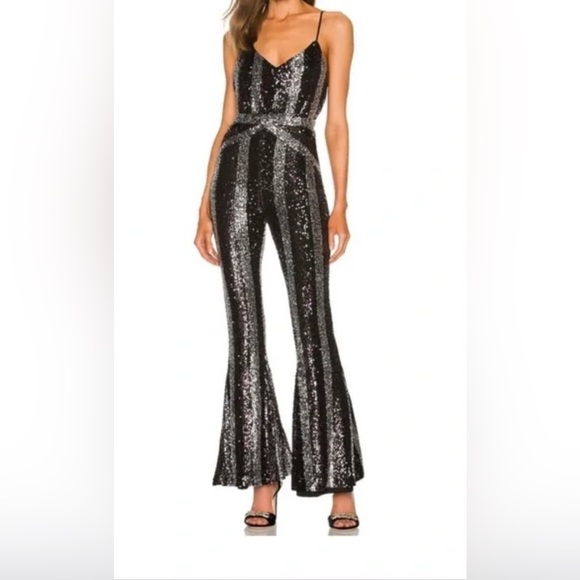 Michael Costello × RE-VOLVE Brie Striped Sequin Jumpsuit Black Silver Size Small - Picture 2 of 6